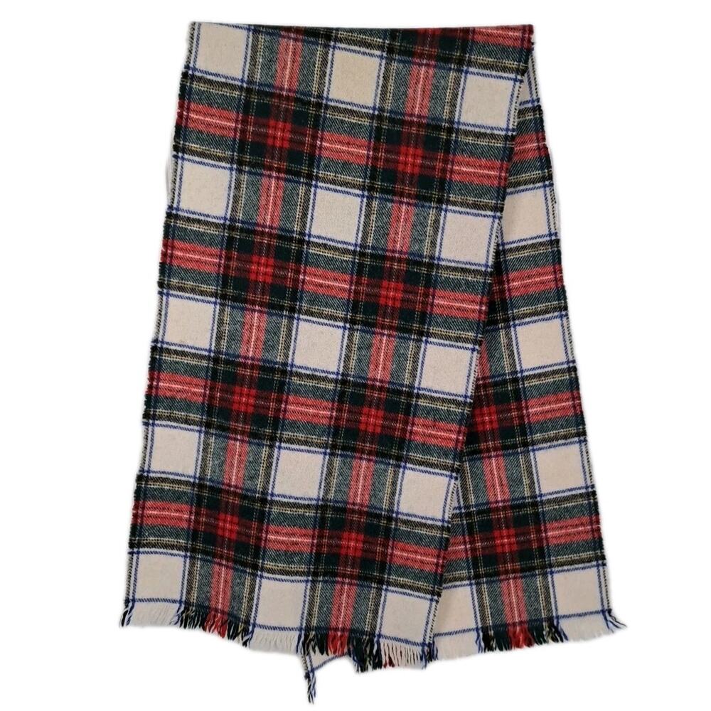 VTG Mens Wool (?) Scarf Red Cream Tartan Plaid Fringe Outdoor Preppy Christmas
